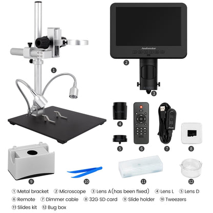 Andonstar AD246-M Digital Microscope, with 3 lenses, 1080P FHD video recording, 7-inch LCD 500x, soldering microscope, biological microscope kit with 32G card, prepared slides.