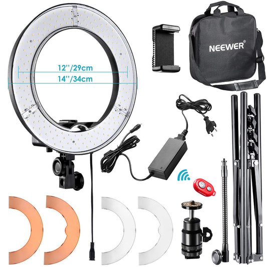 Neewer RL-12 LED ring light 14" outer/12" inner with light stand, color filter, phone holder for makeup, YouTube, TikTok, camera/phone video recording.