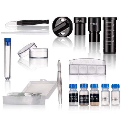 Bresser Junior student microscope BIOLUX SEL with smartphone holder, extensive accessories, and Barlow zoom system for children, beginners, and adults, blue.
