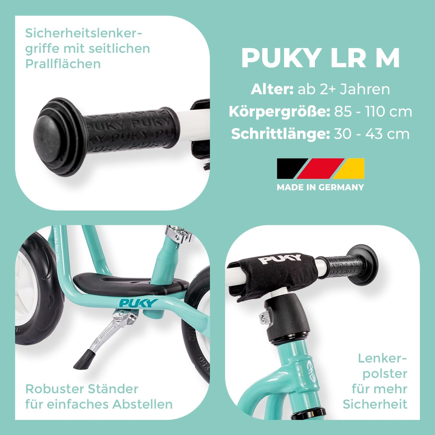PUKY LR M Aqua Green | Balance bike for ages 2 and up | Kids' toy for ages 2 and up | Scooter with footboard | Training bike with safety handlebars | Adjustable handlebar & seat height