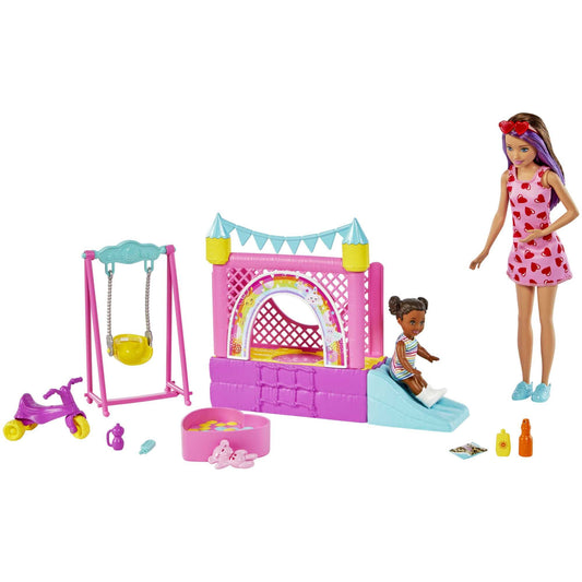 Barbie Skipper Babysitter Inc Bounce House, includes 1 Skipper doll with brown and purple hair, 1 toddler with brown braids, swing, slide, accessories, gift for kids ages 3 and up.