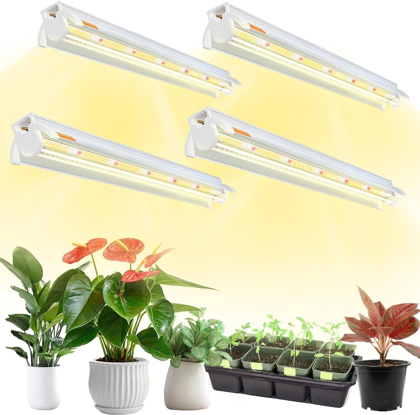 Niello 4Pack T5 Plant Lamp, 42cm LED Grow Light for indoor plants Full Spectrum, 660nm/3000K/6000K plant light with reflector/Daisy Chain for seeding, greenhouse, grow shelves.