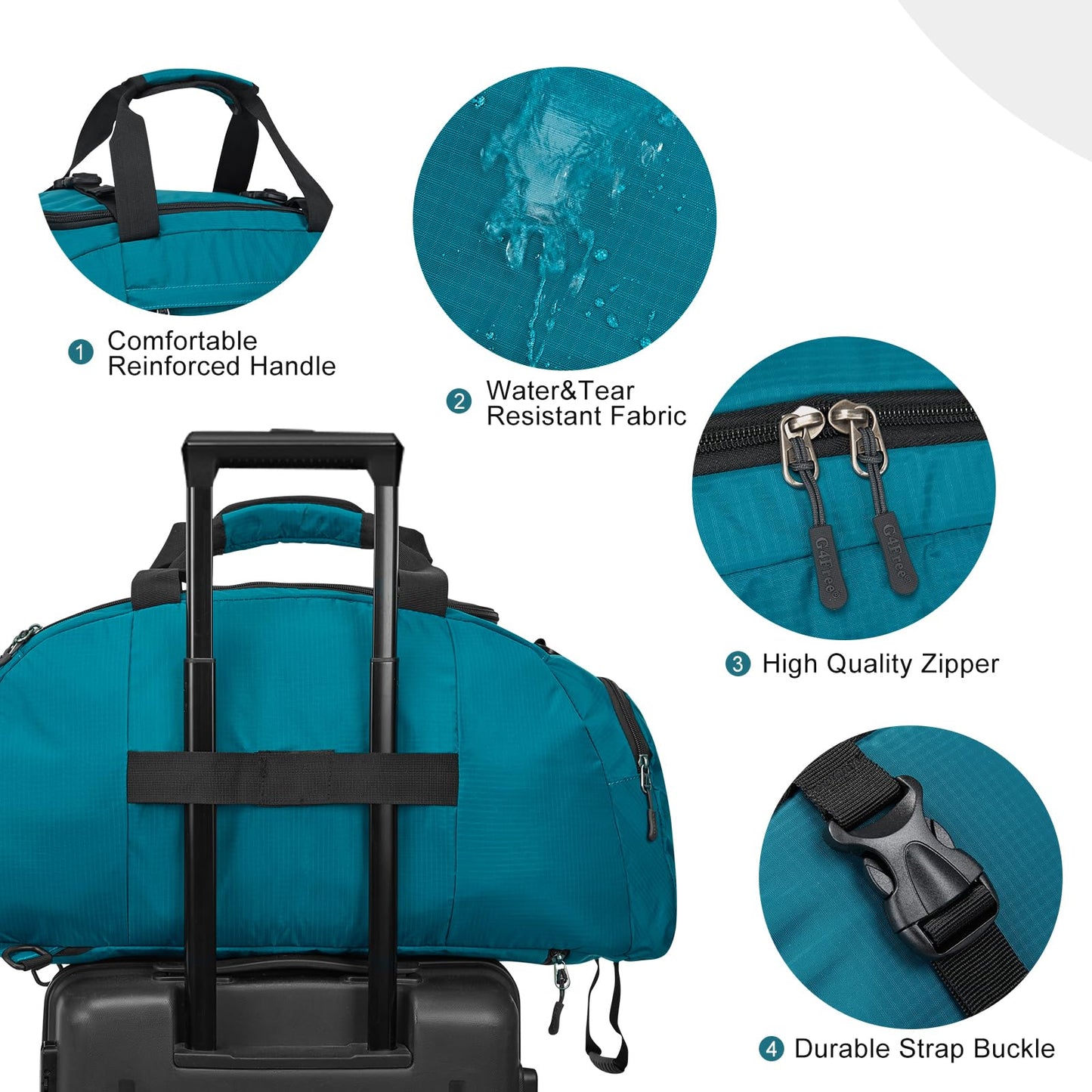G4Free 40L foldable 3-way travel duffle sports bag with shoe compartment for men and women. Perfect for sports, fitness, gym, and vacation.
