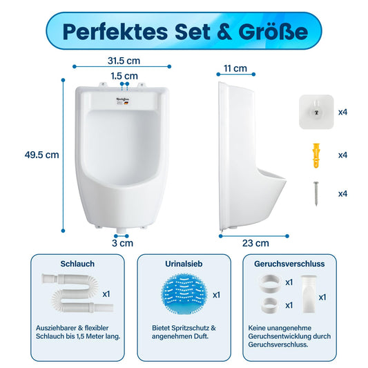 Plastic urinal with hose, urinal strainer & accessories - men's toilet set stand-up toilet, plastic wall pisuar for garden toilet house, camping, construction site - white PVC