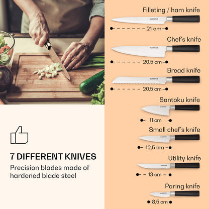 Klarstein knife block with 7-piece set, 7 kitchen knives & wooden block, sharp steel, scratch-resistant, Japanese-inspired knife set with block for professional chefs.