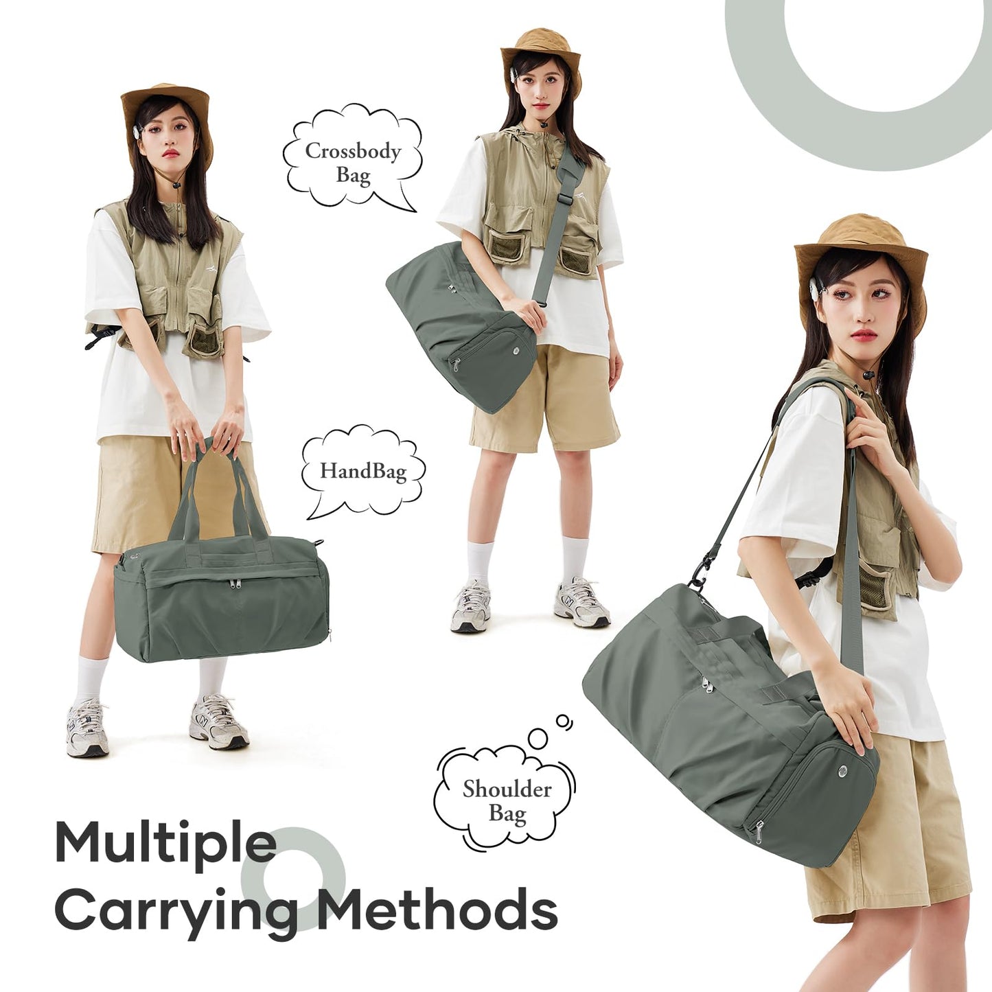 HYC00 Sport Duffel Bag Women's Sports Bag with Shoe Compartment Women's Weekender Travel Bag Carry-on Bag for Airplane Gym Bag Swim Bag Training Bag Overnight Bag, Army Green