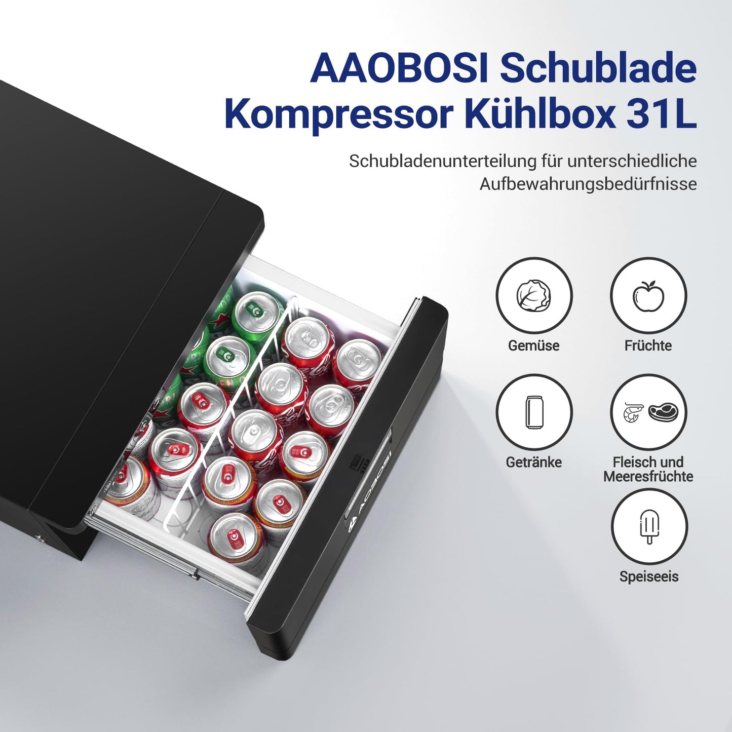 AAOBOSI 31L drawer compressor cooler, RV fridge with APP control, 12/24V, compressor refrigerator, up to -20℃ cooling drawer for car, truck, boat, RV, camping, and outlet.