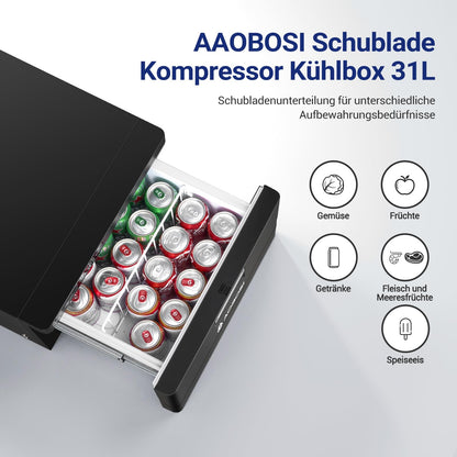 AAOBOSI 31L drawer compressor cooler, RV fridge with APP control, 12/24V, compressor refrigerator, up to -20℃ cooling drawer for car, truck, boat, RV, camping, and outlet.