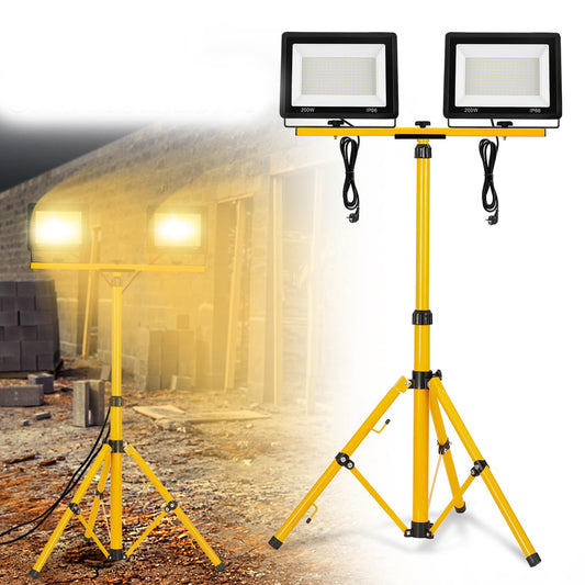 FIVMEN construction spotlight 2x200W 16000LM LED light with tripod and 3m cable plug work lamp floodlight waterproof IP66 for garage workshop construction site, warm white