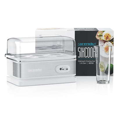 Arendo - Stainless Steel Egg Cooker with Keep Warm Function - Tilt function switch with indicator light - freely adjustable hardness level - rustproof brushed stainless steel - white