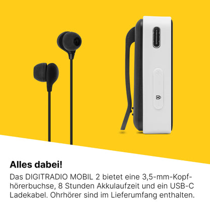 TechniSat DIGITRADIO mobil 2 - Portable DAB+/FM mini radio with integrated battery (rechargeable pocket radio, headphones, OLED display, favorites memory) black/white.