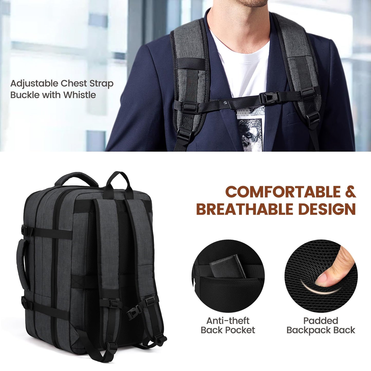 LOVEVOOK Travel Backpack for Airplane, Laptop Backpack for 17.3 inch, Expandable Carry-On Backpack for Men Women, Large 30L-40L Business Travel Backpack for Weekender, Gray
