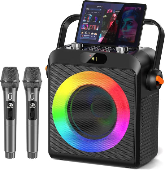JYX Karaoke with 2 microphones, Bluetooth karaoke speaker, and DJ lights for adults and kids. PA system with microphone, karaoke, portable, for home and outdoor parties.