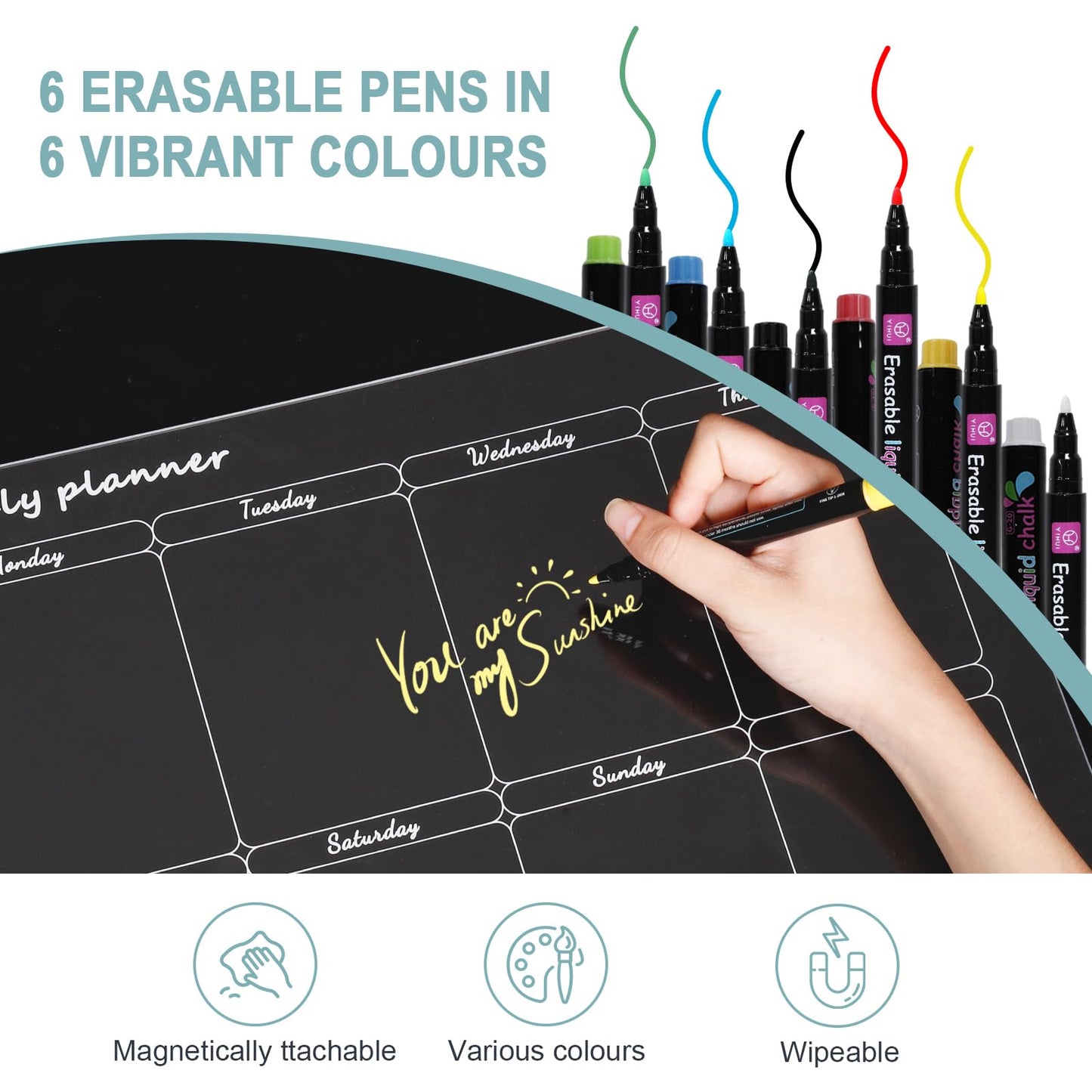 Magnetic weekly and monthly planner set, 1 set family planner, eraseable for organization, meal planning, and shopping lists. Includes eraser and 6 pens.