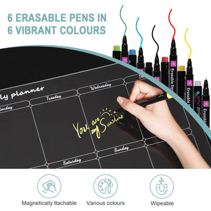 Magnetic weekly and monthly planner set, 1 set family planner, eraseable for organization, meal planning, and shopping lists. Includes eraser and 6 pens.