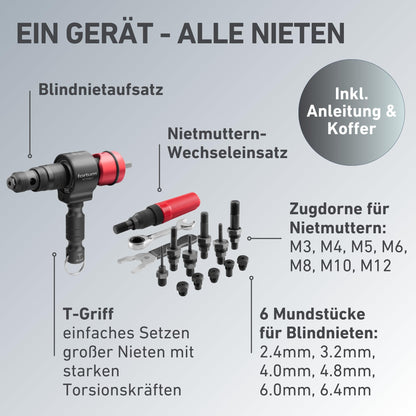 Fortum 2-in-1 riveting attachment for cordless drill & drill I rivet tool for blind rivets & rivet nuts made of aluminum, steel & stainless steel I blind rivet attachment for 2.4-6.4 mm rivets + M3-M12 rivet nuts