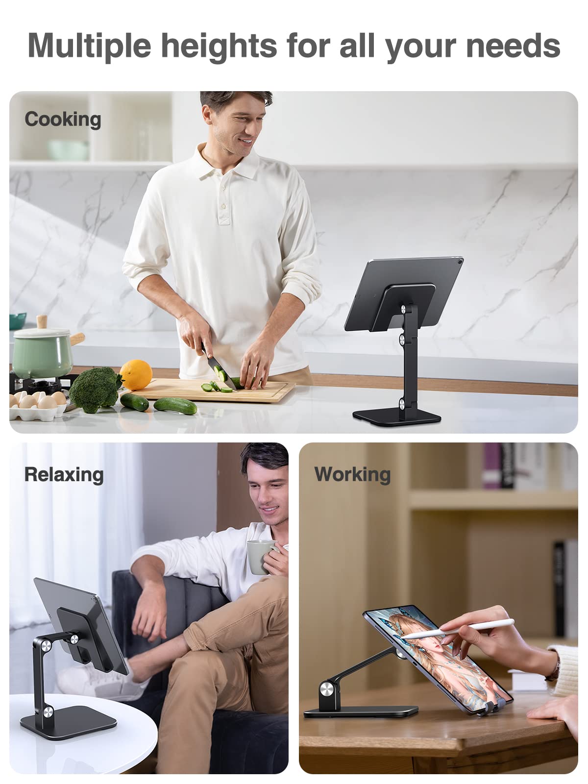 Elitehood Adjustable Aluminum iPad Stand, Adjustable Tablet Holder for Table, Foldable Tablet Stand for iPad Pro 12.9, Air, Mini, Galaxy Tab up to 4-1 Inch - Black