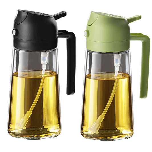 TrendPlain 16oz oil sprayer for cooking oil - 470ml olive oil bottle - 2-in-1 oil dispenser and oil sprayer - kitchen gadgets for cooking, salads, and grilling in black & green.