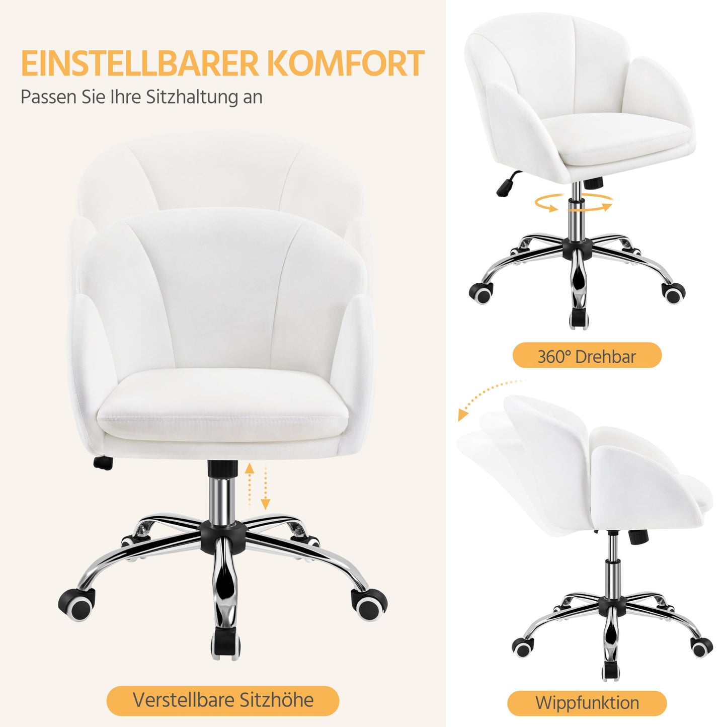 Yaheetech Home Office Chair Vanity Chair Desk Chair Height Adjustable Swivel Chair up to 136 kg Capacity, Velvet Chair with Armrests and Backrest for Bedroom Office Living Room, White