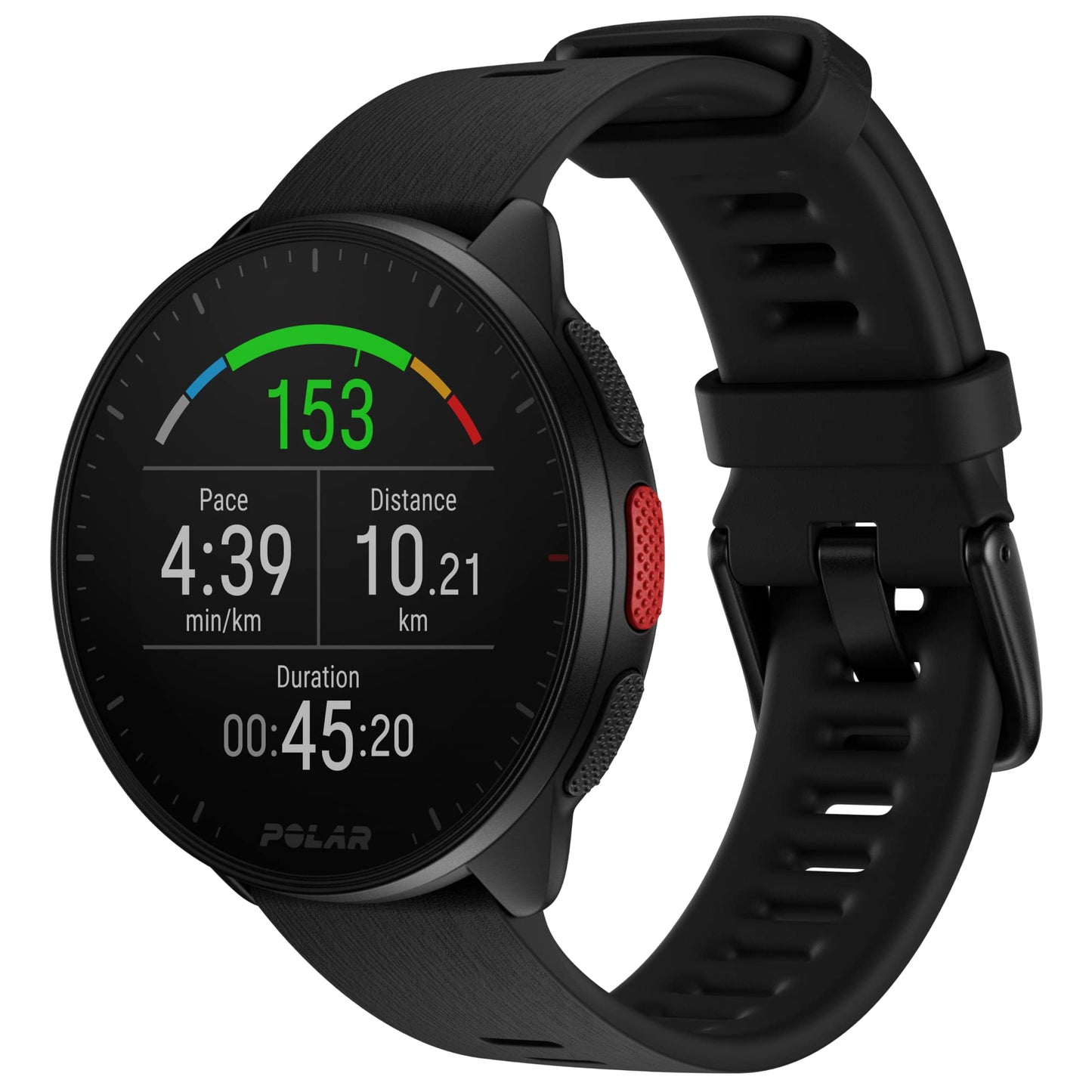 Polar Pacer - GPS running watch - very fast processor - ultralight - bright display - tactile buttons - personalized - heart rate monitor - music control, Night Black, S-L