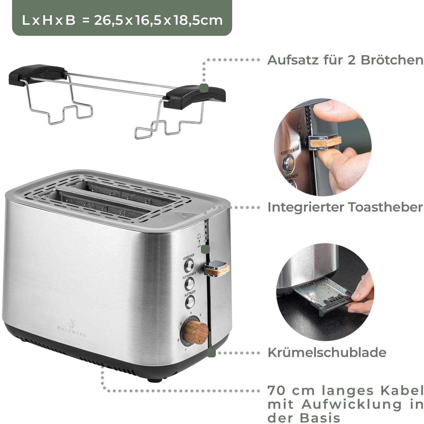 FORESTWORK Design Toaster - made of 304 stainless steel and oak wood - for 2 slices - with bun warming rack - with extra wide and deep toast slots - with crumb tray