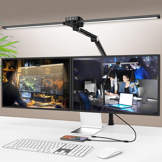 LGMCF Desk Lamp LED Dimmable with Gesture Control and USB & Type-C Port, 24W Clip-on Dual Head Daylight Lamp, 5 Color Modes for Eye Protection Office Desk Lamp for Monitor Work Home Office