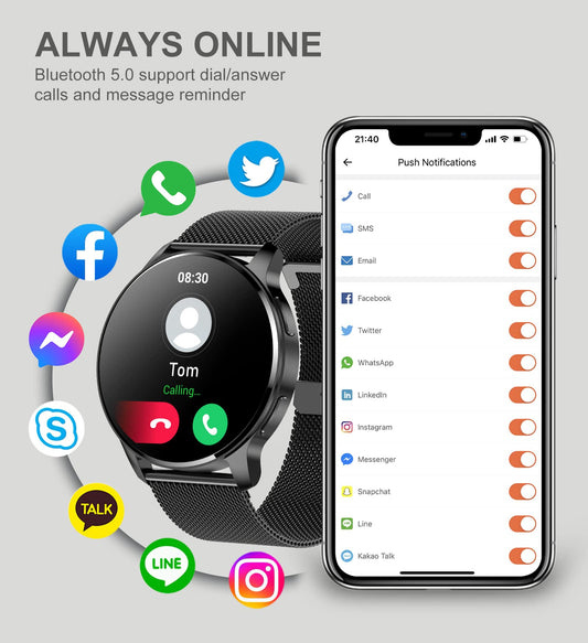 Smartwatch for women and men with phone function, 1.32 inch HD full touchscreen, smartwatch with SpO2 pulse monitor, menstrual cycle tracker, sleep monitor, step counter, and calorie tracker.