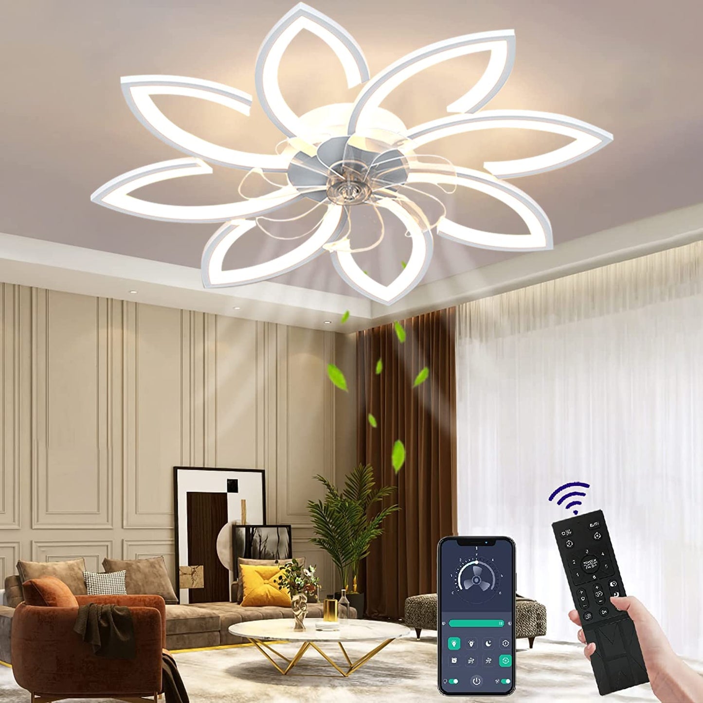 Wildcat Ceiling Fan with Light Quiet Modern LED with Remote Control Timer Flower Design Fan Ceiling Light for Bedroom Kitchen