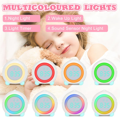 Ayybboo Kids Alarm Clock Digital, Alarm Clock Digital Sunrise Simulator Kids Alarm Clock for Girls Boys with Colorful Lights Quiet Alarm Clock No Ticking Bedroom (White)