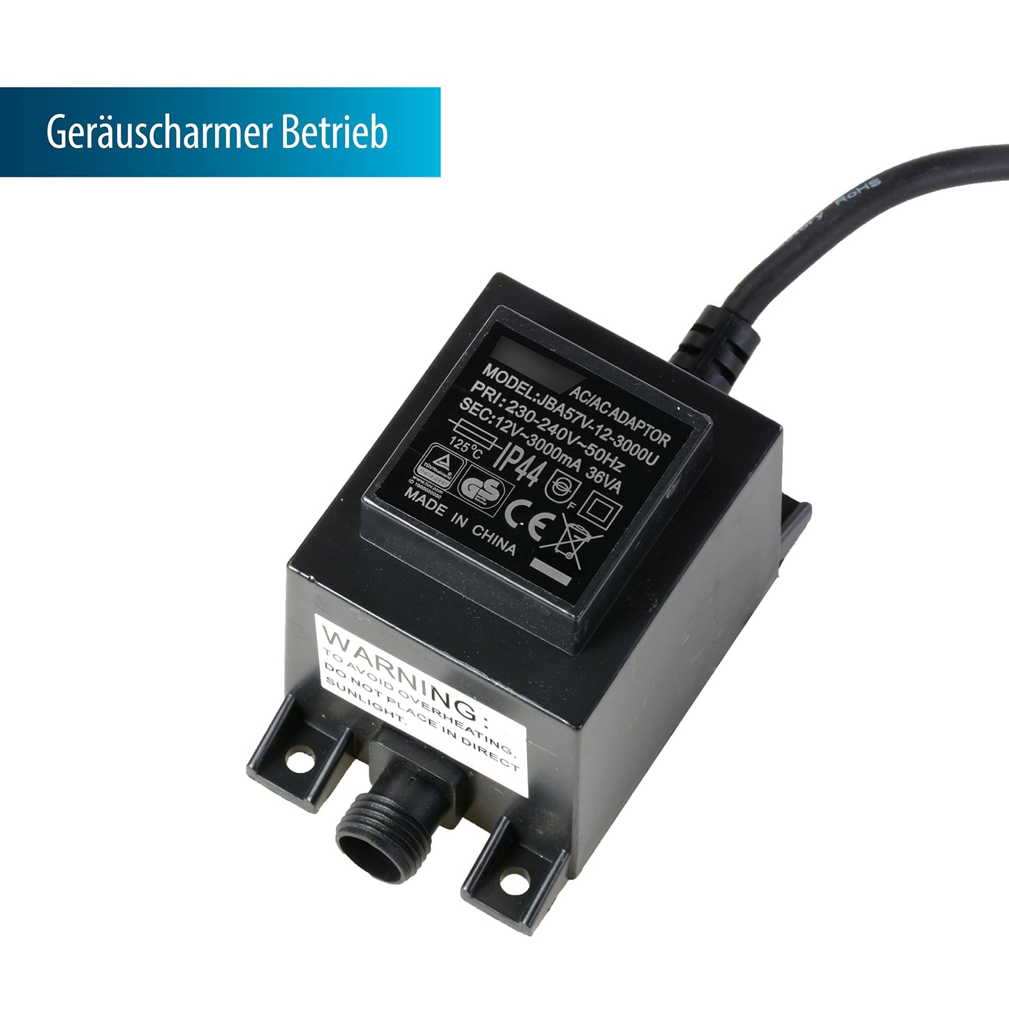 AquaForte DM 12,000 Low Voltage 12 Volt 90 Watt Pond Pump, flow rate 12,000 liters per hour, maximum head height 5.5 meters, automatic dry run protection, cable length 10 meters.