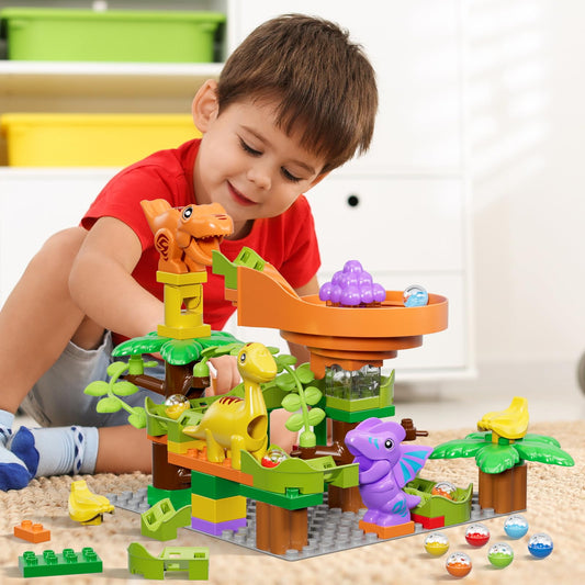 Marble run building blocks dinosaur toys, kids STEM toy dino ball track set for ages 3 4 5 6 boys girls, 67 pcs large blocks ball race learning toy for boys girls 3-7 years