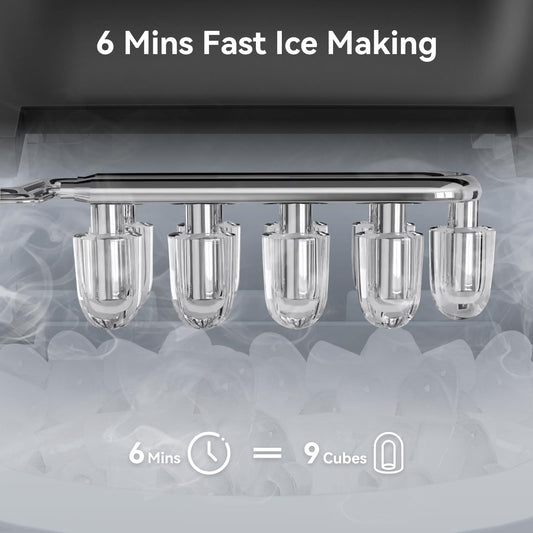 1.2L ice maker, produces 9 cubes in 6 minutes, self-cleaning small ice machine with portable handle for kitchen, office, bar, and party.
