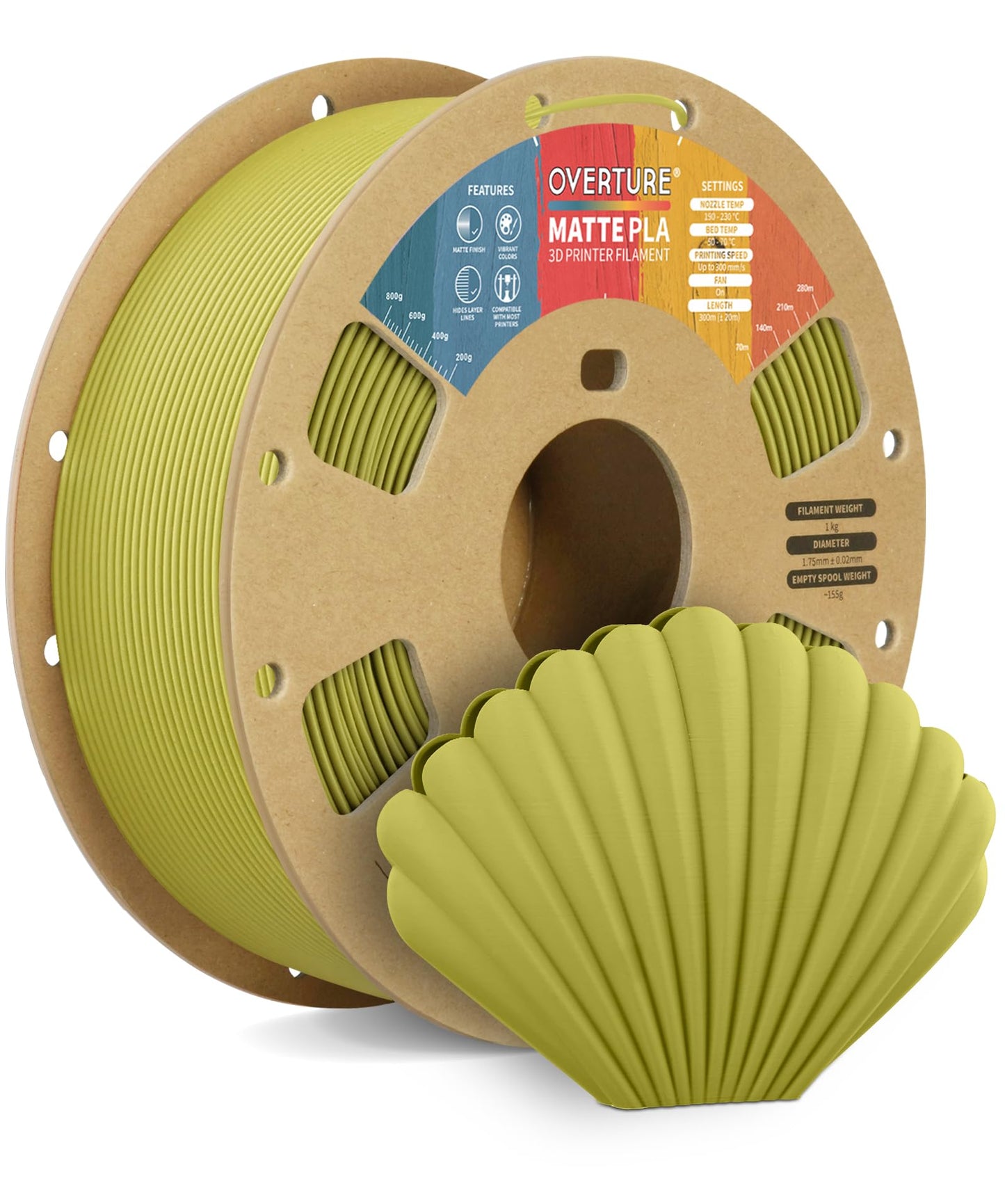 OVERTURE Matte PLA 1.75mm filament, Matte PLA 1kg spool (2.2lbs), accuracy +/- 0.02mm, for 3D printers (Bamboo Green)
