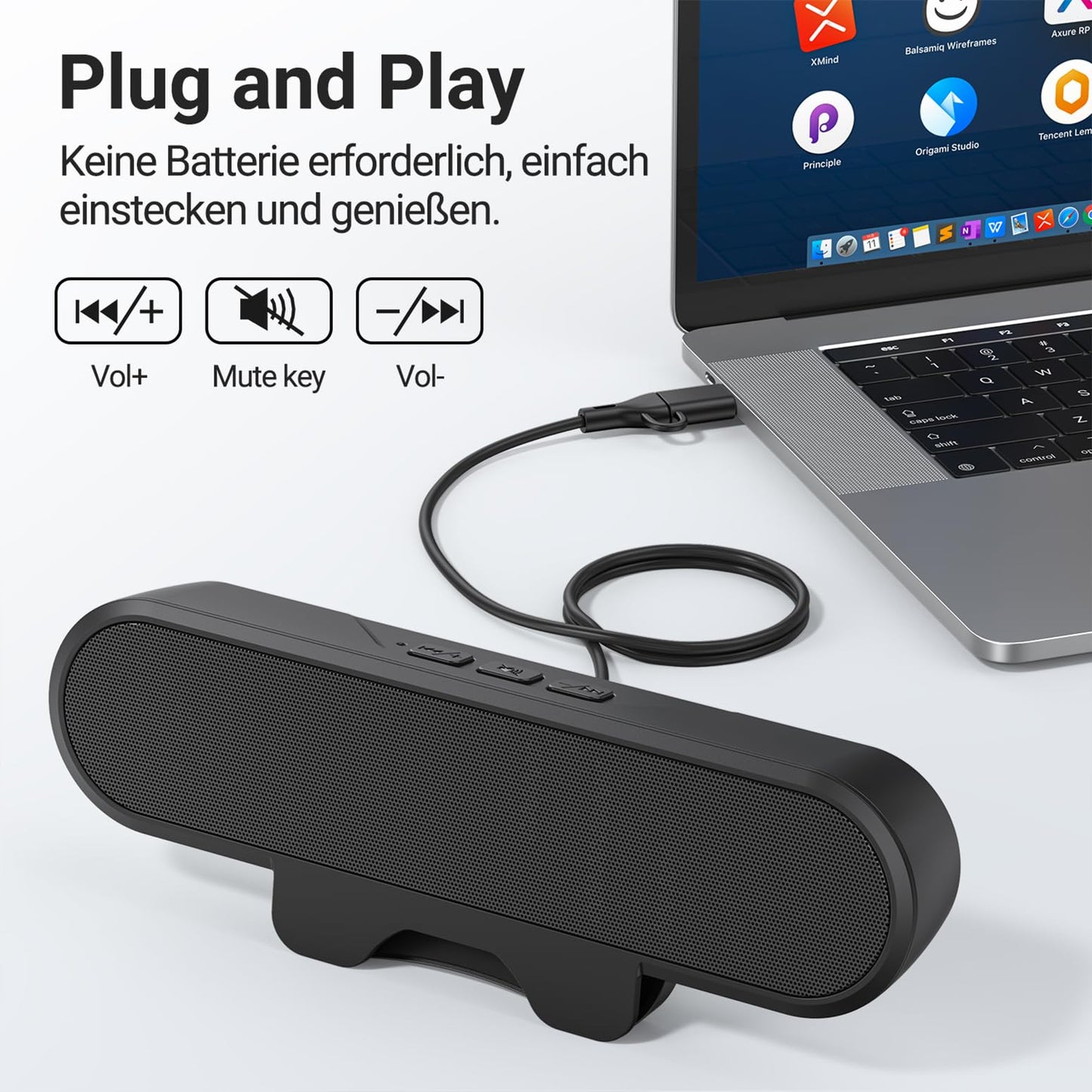 INGA USB speakers for computer monitor and laptop, clip-on desktop soundbar, USB/C-PC speakers, suitable for desktop, laptop, and Mac (Black).