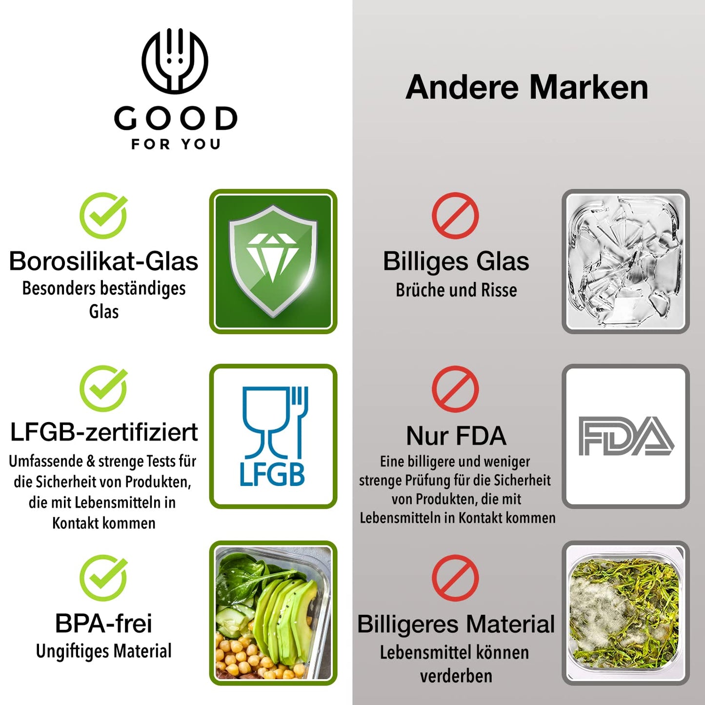 GOOD FOR YOU - Meal prep boxes & glass food storage containers set - 20 pieces (10 containers & 10 lids), dishwasher, microwave & freezer safe, BPA-free, borosilicate glass containers.