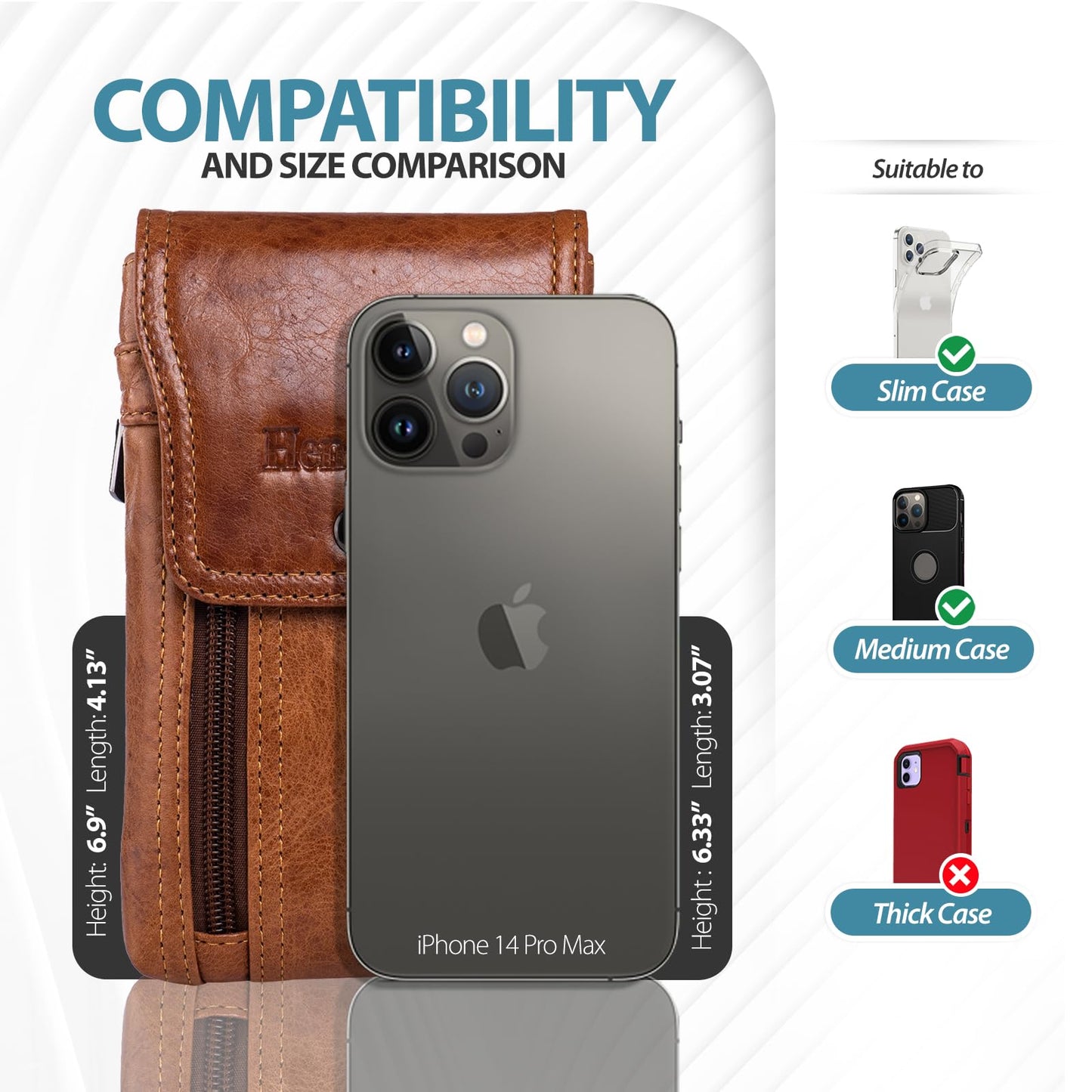 Hengwin Men's Cowhide Dual Phone Belt Pouch with Zipper Pocket, Leather Phone Holster Case for iPhone 16 15 14 Pro Max, Samsung S25 S24 Ultra Smartphone Smaller than 17.78 cm, XL (Brown)