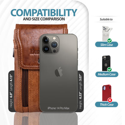 Hengwin Men's Cowhide Dual Phone Belt Pouch with Zipper Pocket, Leather Phone Holster Case for iPhone 16 15 14 Pro Max, Samsung S25 S24 Ultra Smartphone Smaller than 17.78 cm, XL (Brown)