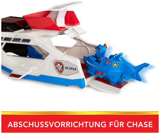 PAW Patrol, Aqua Pups - Whale Patroller, team vehicle featuring Chase's base vehicle and puppy figure, launcher for base vehicle, suitable for children aged 3 years and up.