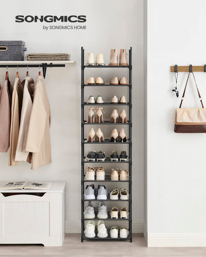 SONGMICS Shoe Rack, 10 Tiers, Shoe Shelf, Shoe Storage, Narrow, 28 x 45 x 173 cm, Metal Frame, Shelves with Non-Woven Fabric, for Entryway, Bedroom, Black LSH010B02