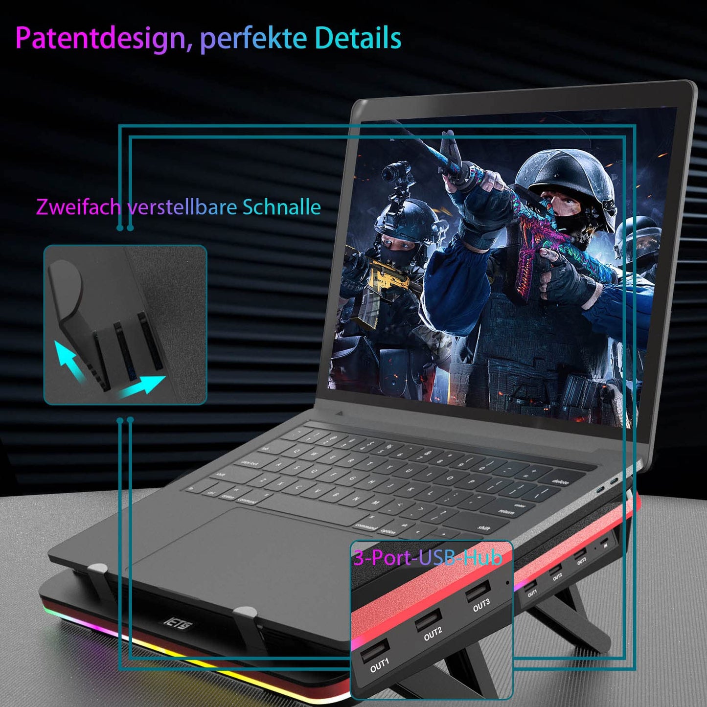 IETS GT500 Powerful Turbo Fan (5000 RPM) RGB Laptop Cooling Pad with stepless speed, sealing foam for fast cooling gaming laptop, 13-17.3 inch cooler with 3-port USB hub.