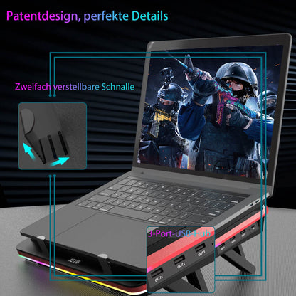 IETS GT500 Powerful Turbo Fan (5000 RPM) RGB Laptop Cooling Pad with stepless speed, sealing foam for fast cooling gaming laptop, 13-17.3 inch cooler with 3-port USB hub.