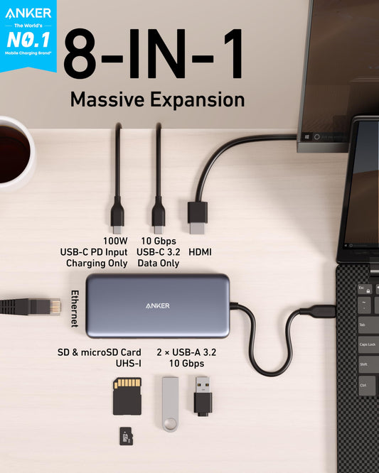 Anchor 555 USB-C Docking Hub (8-in-1) PowerExpand Adapter, 100W Power Delivery, 4K 60Hz HDMI, 10Gbps USB-C & 2 USB-A data ports, Ethernet port, microSD & SD card reader, for MacBook Pro and more.