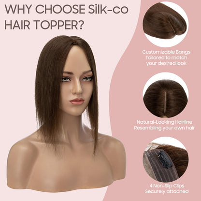 Silk-co Hair Topper made of real hair, 10x12cm base for women, hair topper with Remy silk base, clip-in hairpiece extensions, 45cm04# medium brown.