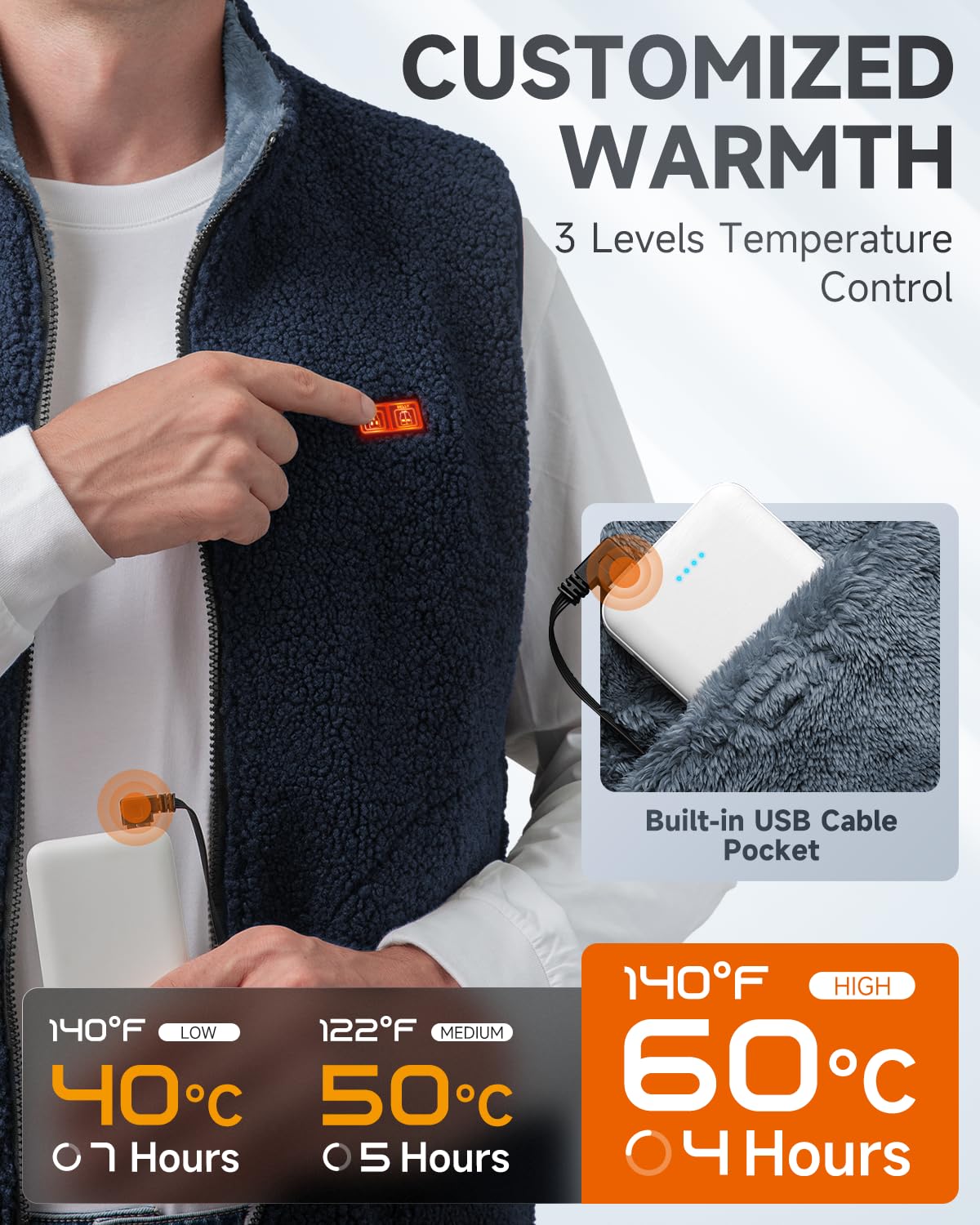 LABCOOL Heated Vest - Heated Vest for Men & Women - Made of soft fleece - USB heating with 10000mAh power bank - 6-zone heating with 3 temperature levels - machine washable