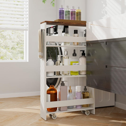 GIANTEX 13cm wide niche shelf, kitchen shelf kitchen cabinet kitchen trolley, niche cabinet niche trolley on wheels, bathroom shelf rolling cart wood 4 tiers, slim shelf for kitchen, 47.5 x 13 x 80.5 cm