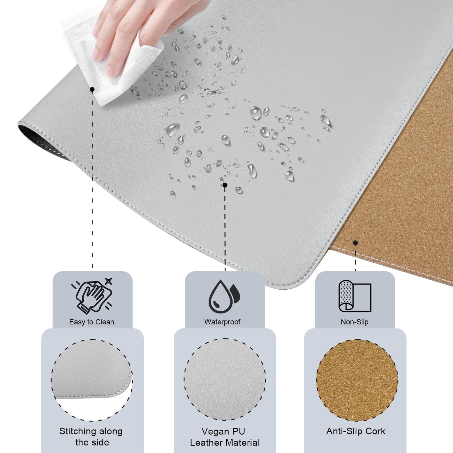 BLESWIN Desk Pad - Double-sided cork and leather desk pad, mouse & keyboard mat, non-slip desk protector for computer and laptop (light gray, 140x43CM)