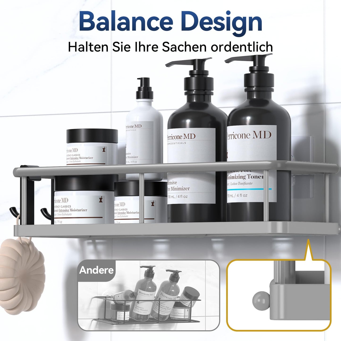 YASONIC shower caddy without drilling, bathroom organizer, shower shelf without drilling, shower holder without drilling shampoo holder for shower, bathroom shelf without drilling with 4 removable hooks, grey.