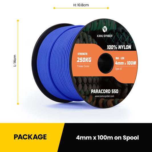 Kamu Synber 550 Paracord 4mm 100m Type III cord with 7 inner strands made of nylon. Ideal for crafting, outdoor activities, camping, and survival. It has a breaking strength of 250kg and comes in dark blue color.