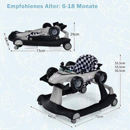 COSTWAY 4 in 1 baby walker, foldable with adjustable height & speed, car-shaped with music box, lights & wheels, suitable for babies from 6 months, up to 12kg load capacity (Grey)