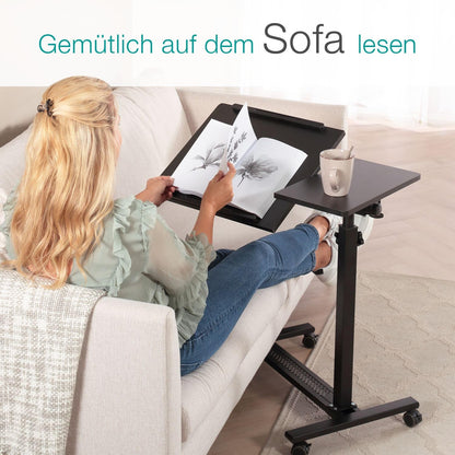 ELONEO maxVitalis mobile overbed table on wheels, standing table with adjustable height/width, tiltable/foldable tabletop, bedside table for hospital bed, nursing bed, laptop table (Black)